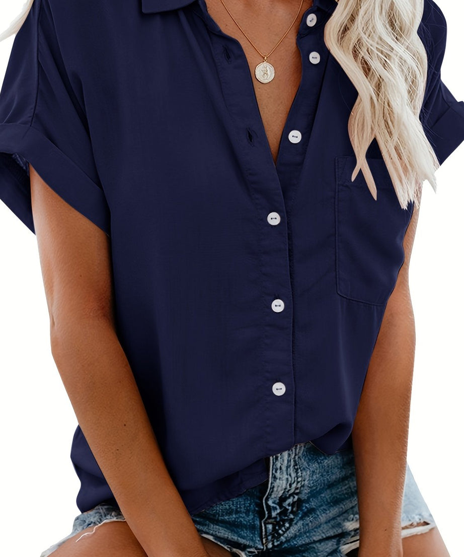 [Casual Shirt] Casual Summer Women's Short Sleeve V-Neck Button-Up Shirt with Pockets - Light Gray | Vacation Clothing, Glossy Texture