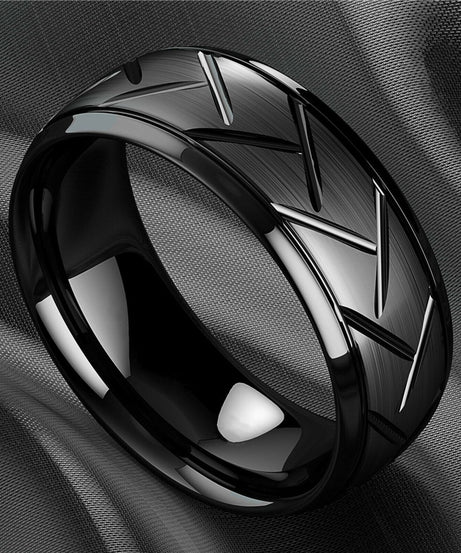 1pc 8MM Luxury High Quality Black Titanium Steel Ring Fashion Simple Men's Black Stainless Steel Wire Groove Tire Ring Artificial Jewelry Lover Gift
