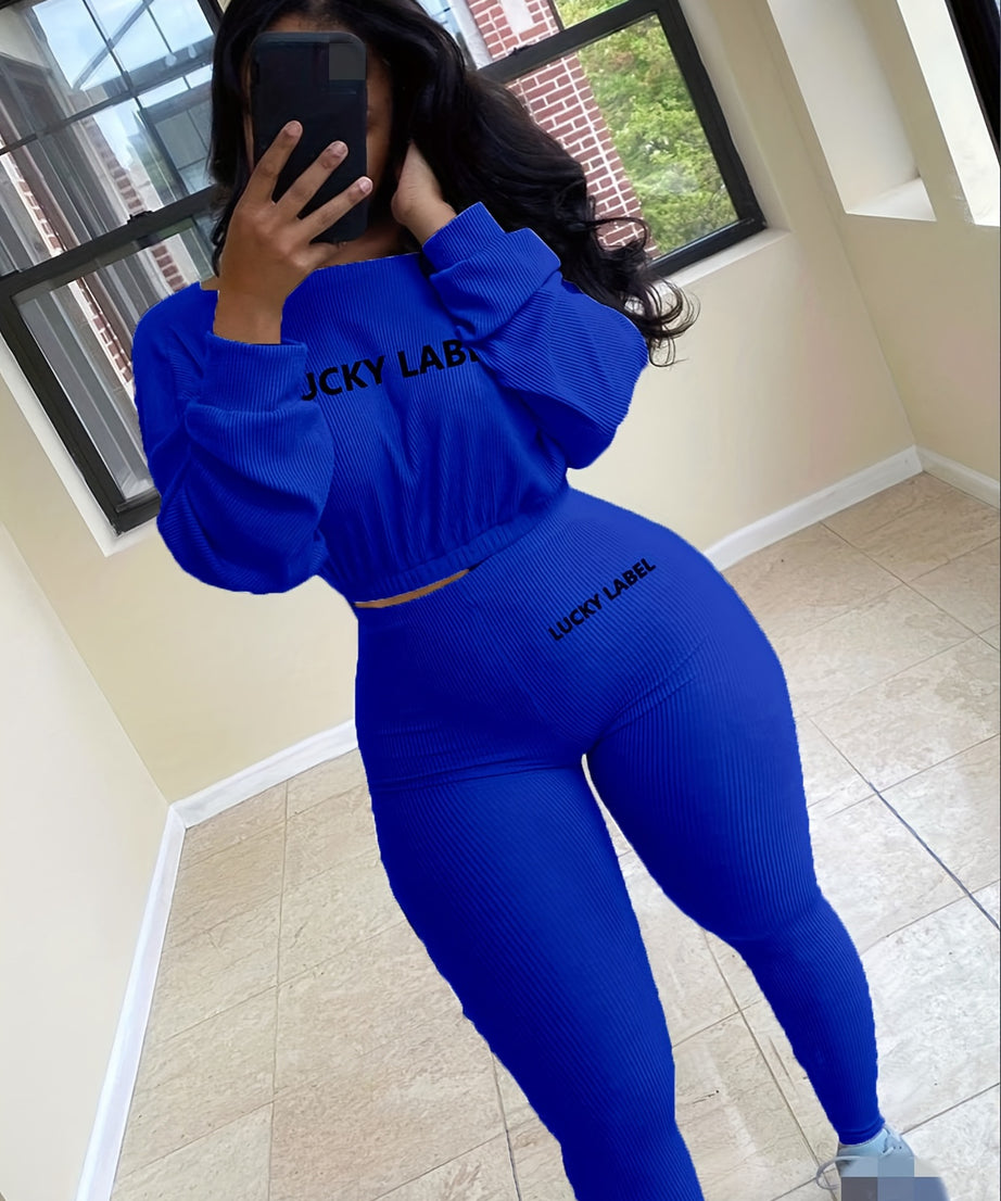 [Women's Sweatshirt Set] Letter Embroidery Women's Two Piece Ribbed s Fall Spring Long Sleeve Sweatshirt and Skinny Pants Set