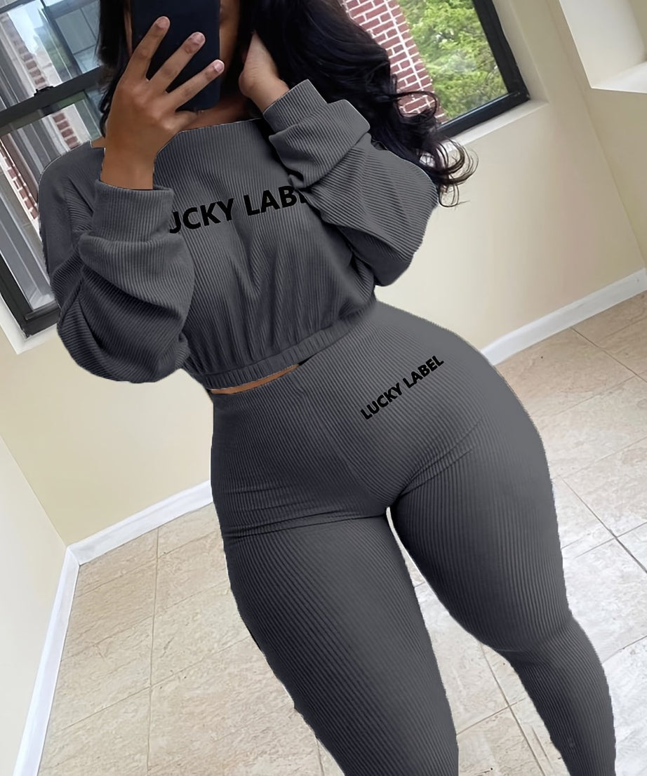 [Women's Sweatshirt Set] Letter Embroidery Women's Two Piece Ribbed s Fall Spring Long Sleeve Sweatshirt and Skinny Pants Set