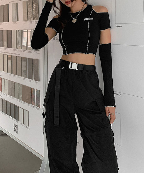 Off Shoulder Hollow Crew Neck T-shirt, Casual Loose Long Sleeve Fashion Summer Slim Bottoming T-Shirts Tops, Women's Clothing