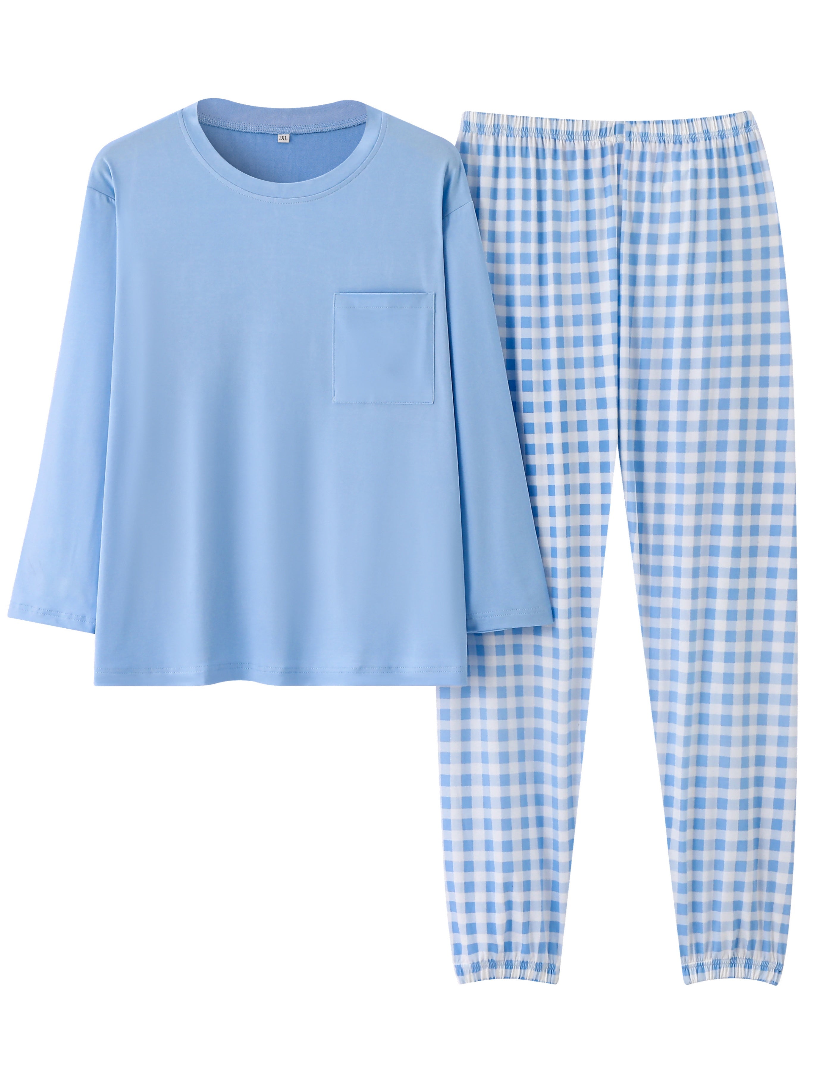 Women'S Plus Size Pink Plaid Pajama Set - Casual Long Sleeve and Pants Loungewear with Pockets, Stretchy Polyester Fabric, Perfect for Spring & Fall, Plus Size Loungewear | Checkered Pattern | Polyester Fabric, Loungewear Paj