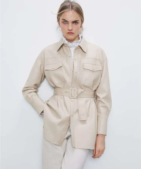 Women's high waist lace-up PU coat