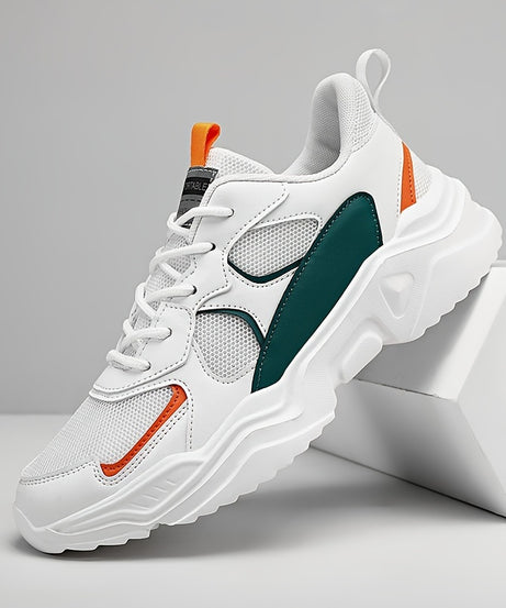 Men's Breathable Mesh Chunky Sneakers - White & Teal Casual Sneakers with EVA Sole, Lace-Up Design for All Seasons