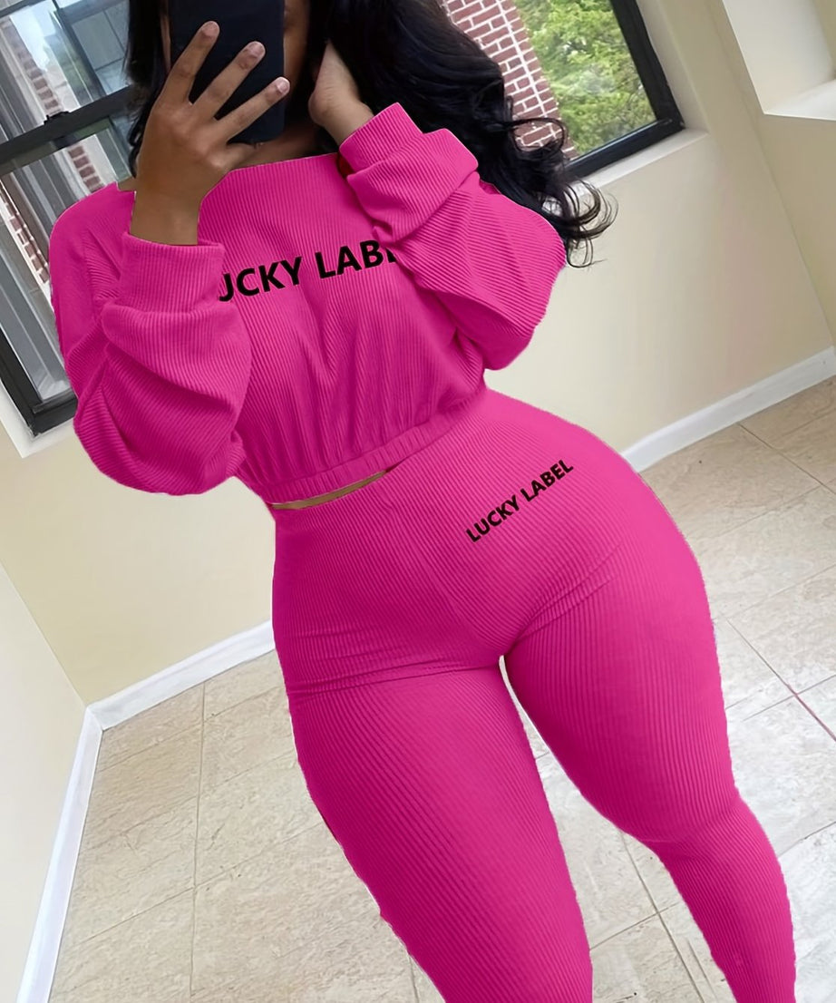 [Women's Sweatshirt Set] Letter Embroidery Women's Two Piece Ribbed s Fall Spring Long Sleeve Sweatshirt and Skinny Pants Set