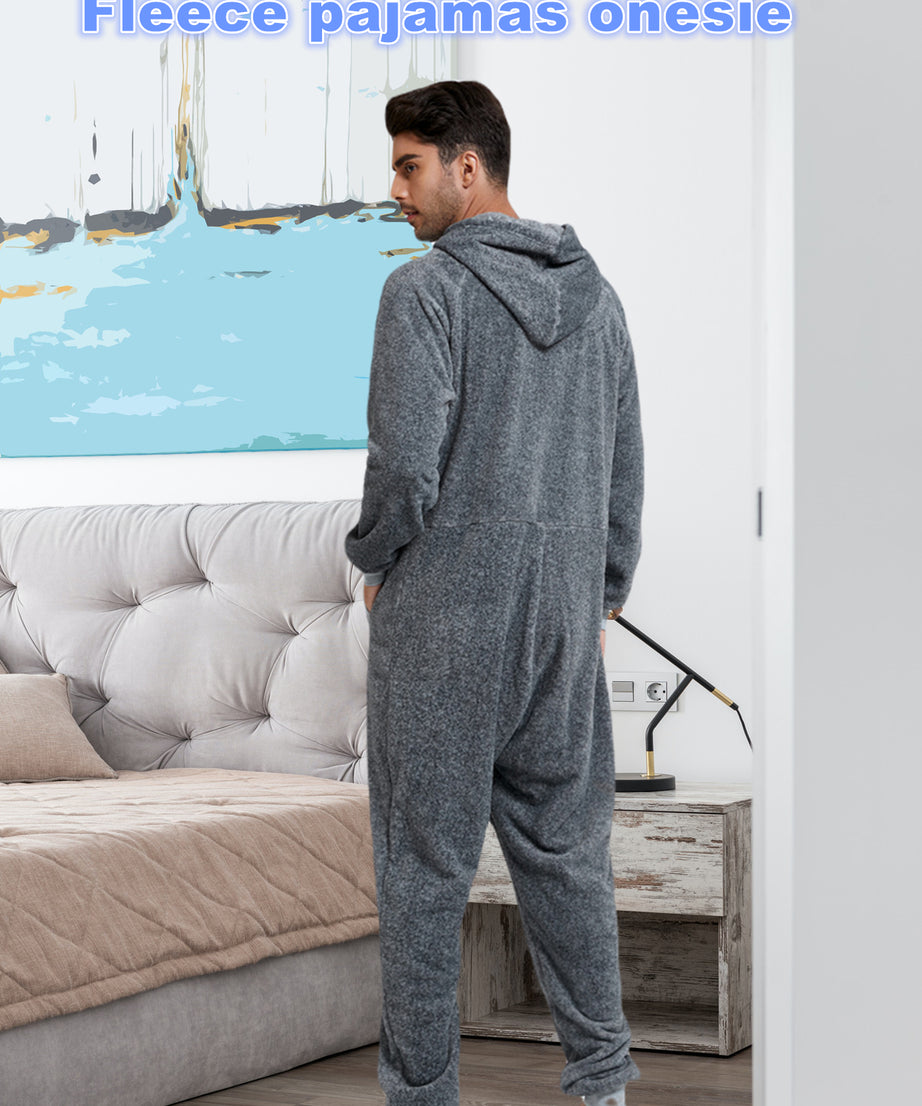 Men'S Heavy-Duty Full-Zip Hooded Onesie - Long Sleeve Winter Sleepwear, Thermal Insulated Lounge suit with Drawstring Hood, Loose Fit Onesie for Cold Weather, Christmas Costume & Everyday Indoor/Outdoor Use - Easy Zipper Clos