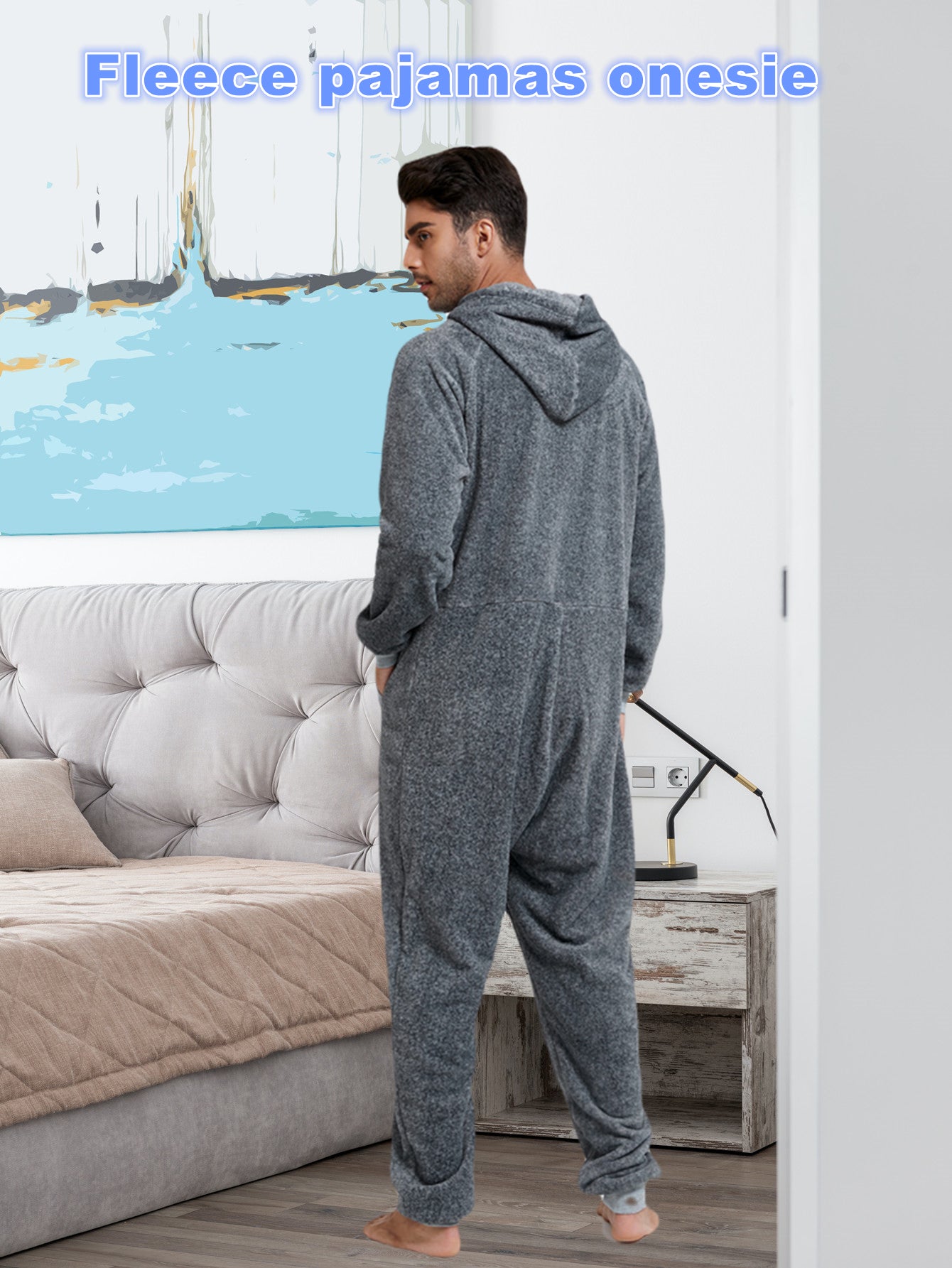 Men'S Heavy-Duty Full-Zip Hooded Onesie - Long Sleeve Winter Sleepwear, Thermal Insulated Lounge suit with Drawstring Hood, Loose Fit Onesie for Cold Weather, Christmas Costume & Everyday Indoor/Outdoor Use - Easy Zipper Clos