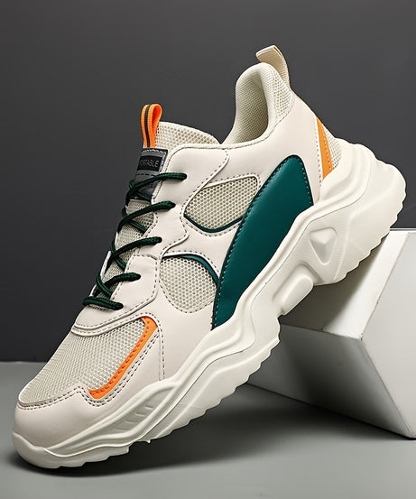 Men's Breathable Mesh Chunky Sneakers - White & Teal Casual Sneakers with EVA Sole, Lace-Up Design for All Seasons