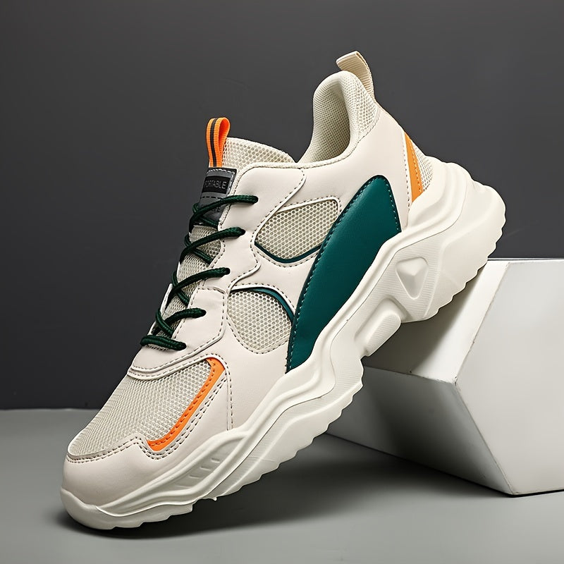 Men's Breathable Mesh Chunky Sneakers - White & Teal Casual Sneakers with EVA Sole, Lace-Up Design for All Seasons