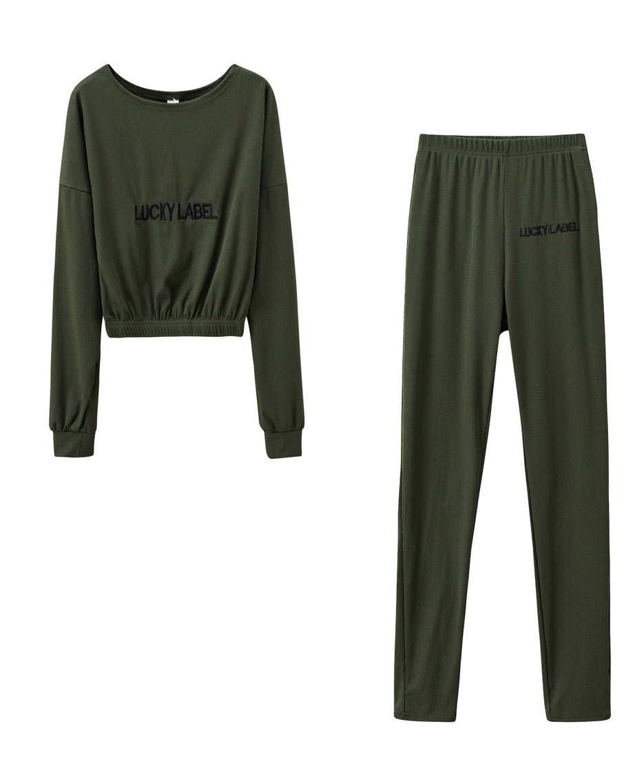 [Women's Sweatshirt Set] Letter Embroidery Women's Two Piece Ribbed s Fall Spring Long Sleeve Sweatshirt and Skinny Pants Set