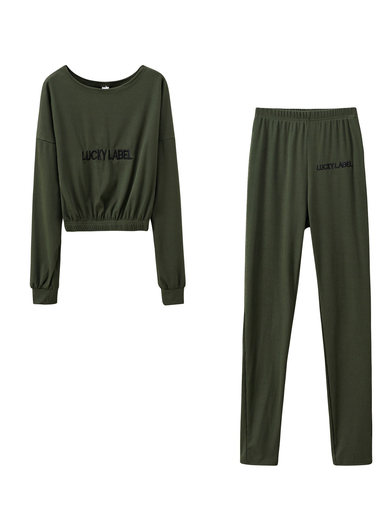 [Women's Sweatshirt Set] Letter Embroidery Women's Two Piece Ribbed s Fall Spring Long Sleeve Sweatshirt and Skinny Pants Set