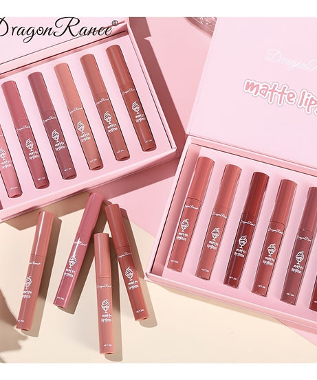 6 Pcs Long Lasting Waterproof Lip Glaze Lipstick 6 Sets Non Stick Cup Nude Skin Color Lip Gloss Cute Set Box