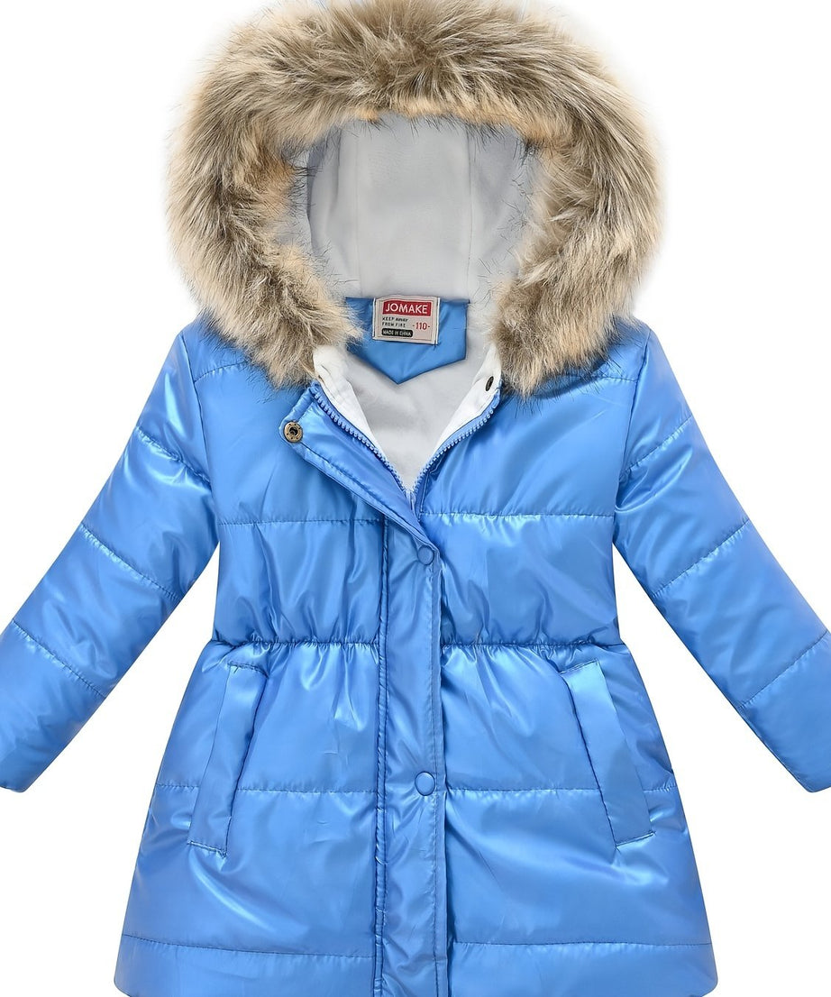 Children's Winter New Style Thickened Glossy Hooded Jacket for Boys and Girls, Mid-Length