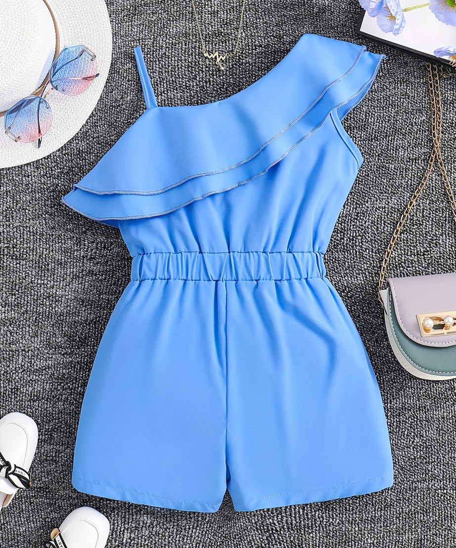 ' White Sleeveless A-Line Romper Jumpsuit - Summer Short Dress with Ruffle Trim &, Casual Playwear & Party Outfit, Easy-Care Hand Washable Short Sleeve Dress &, Perfect for Outdoor