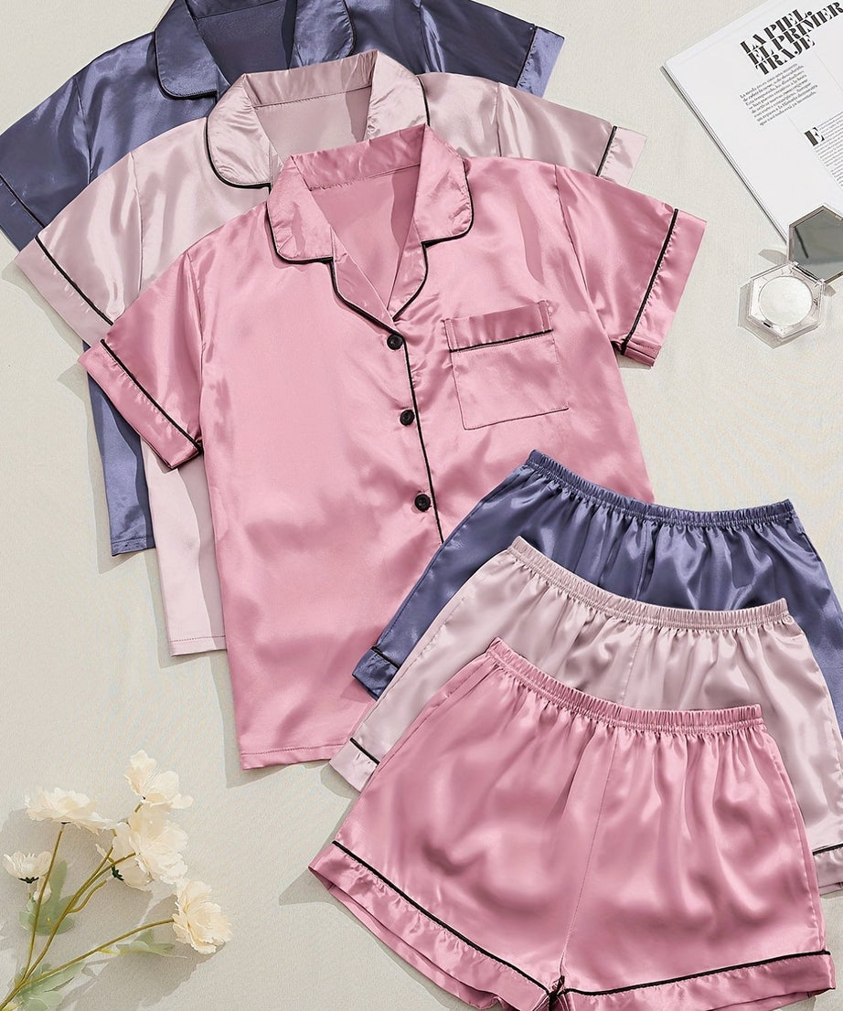 3 Sets Satin Pajama Set, Short Sleeve Lapel Top & Elastic Waistband Shorts, Women's Sleepwear & Loungewear