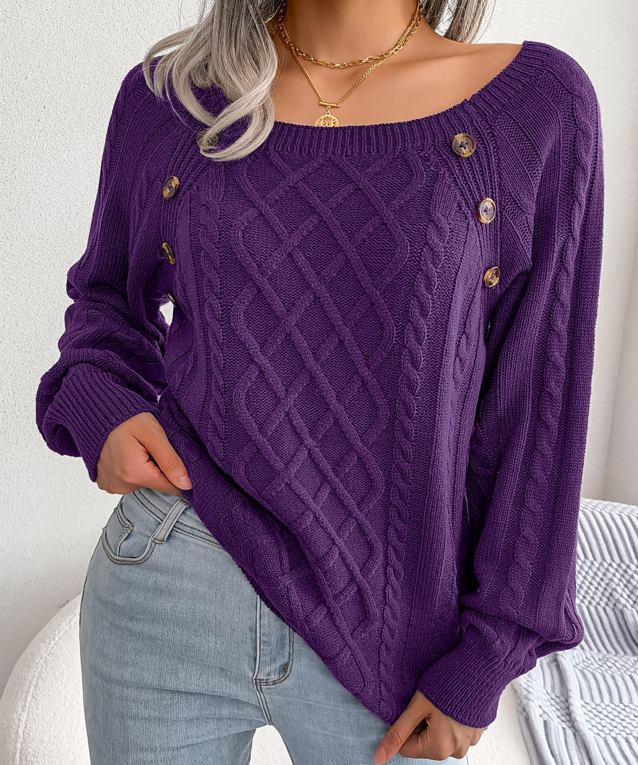 [Texture Lantern Sleeve Sweater] Round Neck Texture Lantern Sleeve Women's Sweater - Button Sweater