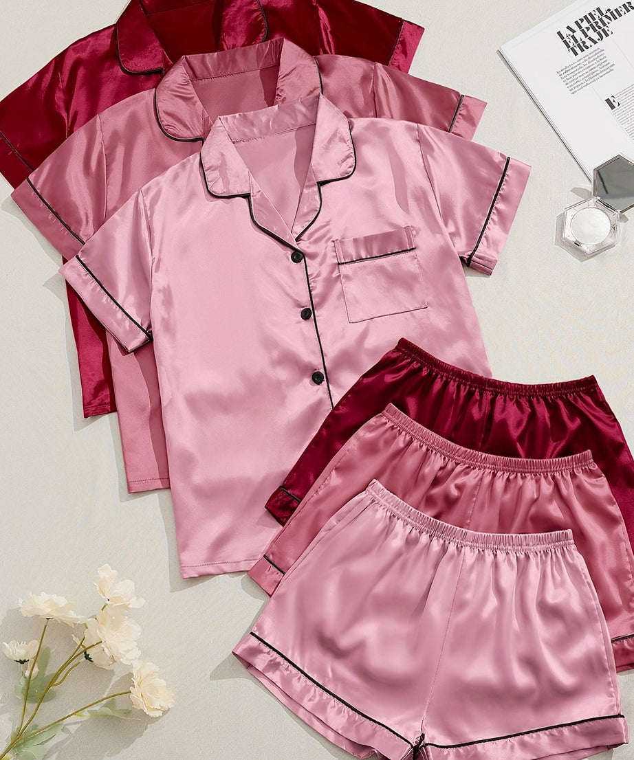 3 Sets Satin Pajama Set, Short Sleeve Lapel Top & Elastic Waistband Shorts, Women's Sleepwear & Loungewear
