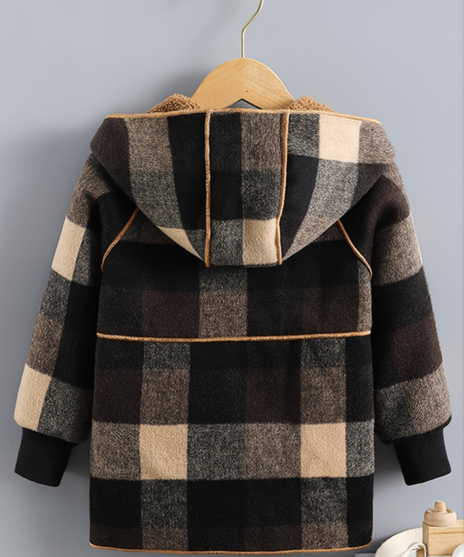 Boys' Long Sleeve Plaid Fleece-Lined Jacket with Button Front & Pockets - Cozy Fall/Winter Warmth, Casual Cardigan Collar, Brown/ Tartan Pattern, Machine Washable For Outdoor Play & Casual Attire, Winter Jacket For Boys, Fall