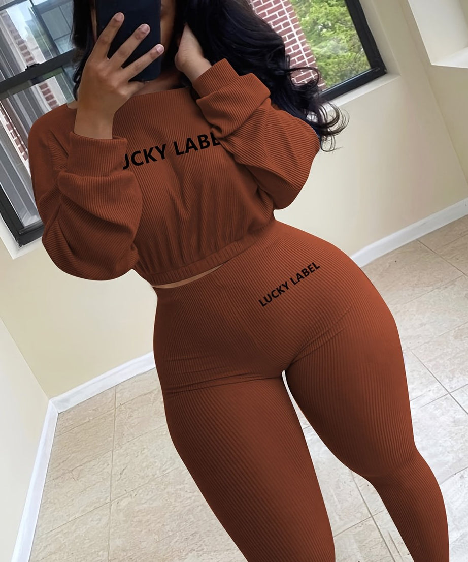 [Women's Sweatshirt Set] Letter Embroidery Women's Two Piece Ribbed s Fall Spring Long Sleeve Sweatshirt and Skinny Pants Set