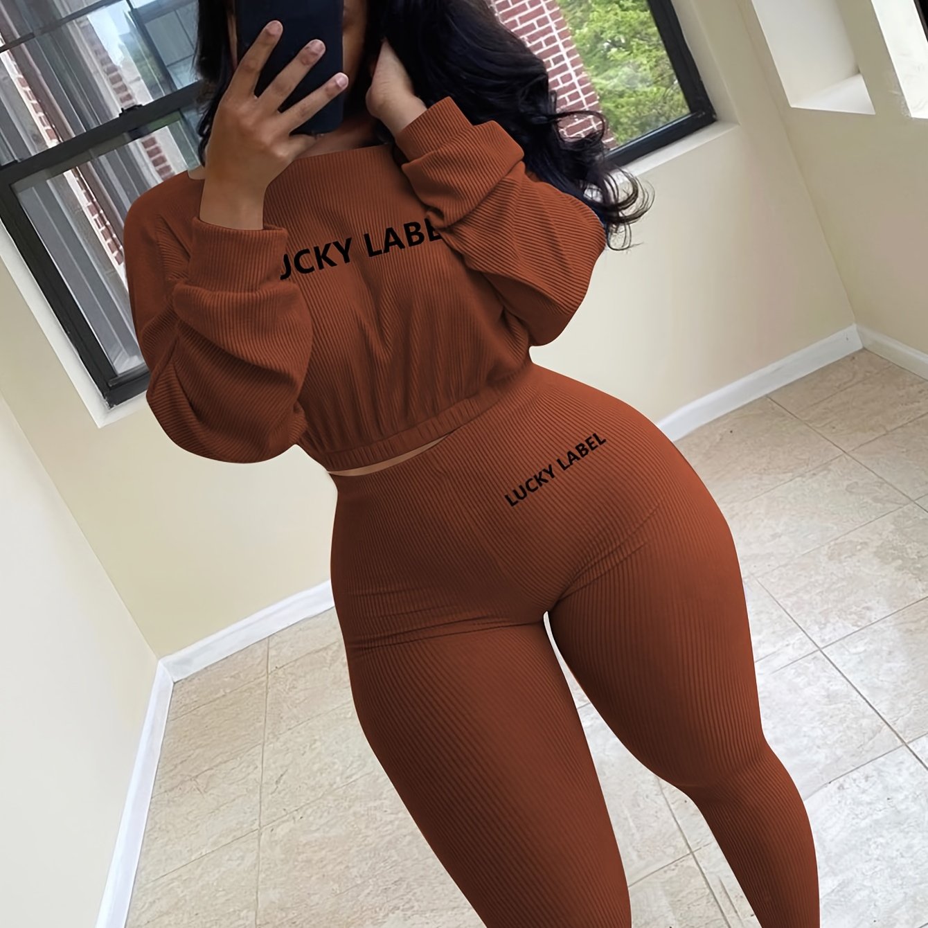 [Women's Sweatshirt Set] Letter Embroidery Women's Two Piece Ribbed s Fall Spring Long Sleeve Sweatshirt and Skinny Pants Set