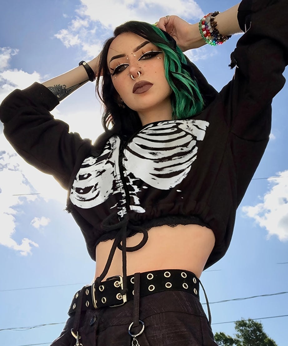 Women's Gothic Skull Print Casual Drawstring Short Hoodie Long Sleeve Top