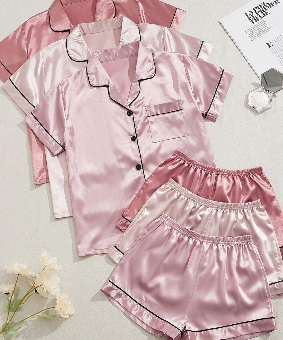3 Sets Satin Pajama Set, Short Sleeve Lapel Top & Elastic Waistband Shorts, Women's Sleepwear & Loungewear