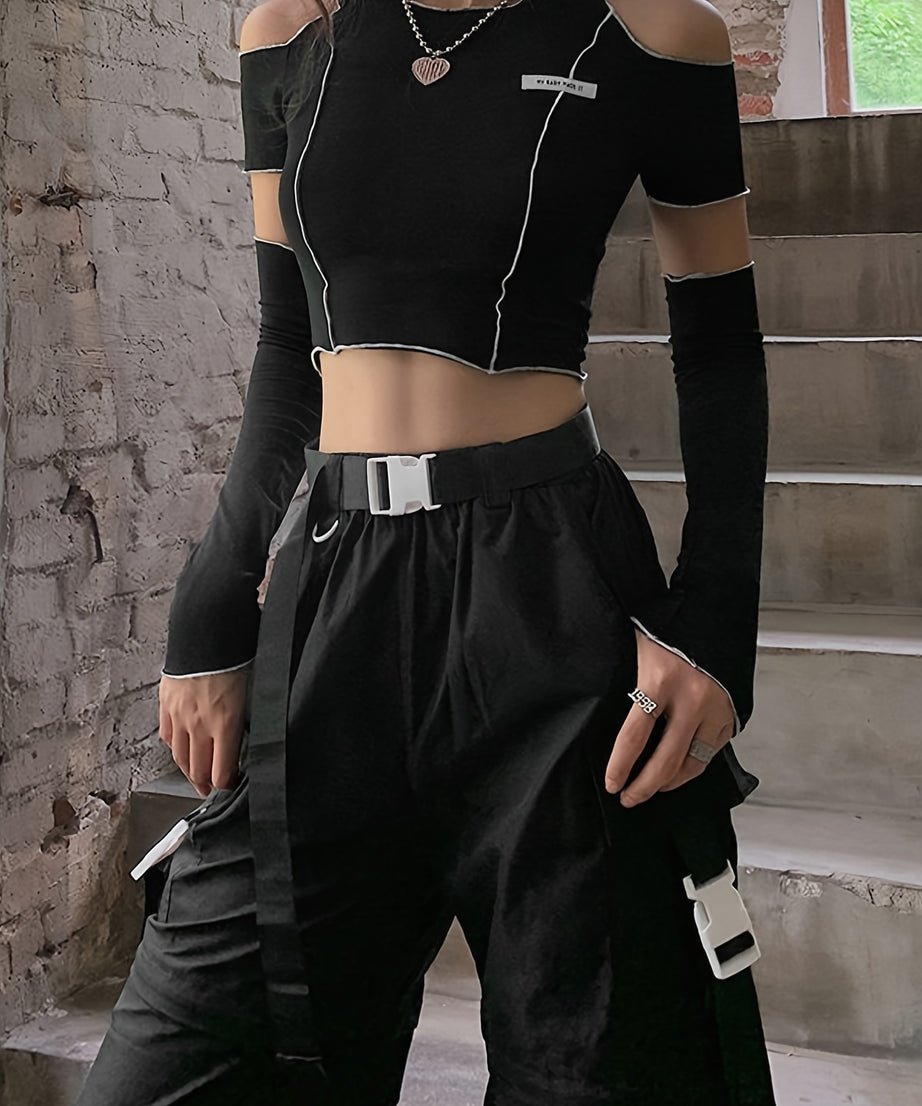 Off Shoulder Hollow Crew Neck T-shirt, Casual Loose Long Sleeve Fashion Summer Slim Bottoming T-Shirts Tops, Women's Clothing