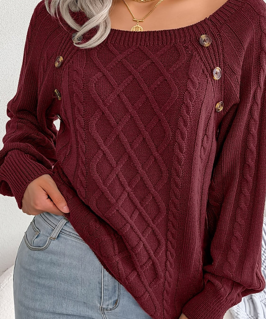 [Texture Lantern Sleeve Sweater] Round Neck Texture Lantern Sleeve Women's Sweater - Button Sweater