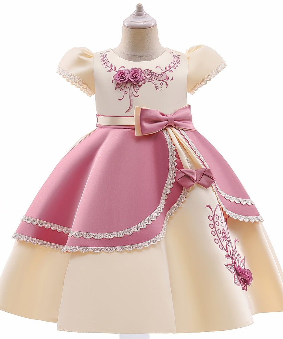 Girls Princess Dress Short Sleeve Embroidered Flower Bow Lace Dress Performance Dress Wedding Flower Girls For Evening Birthday Party Kids Clothes