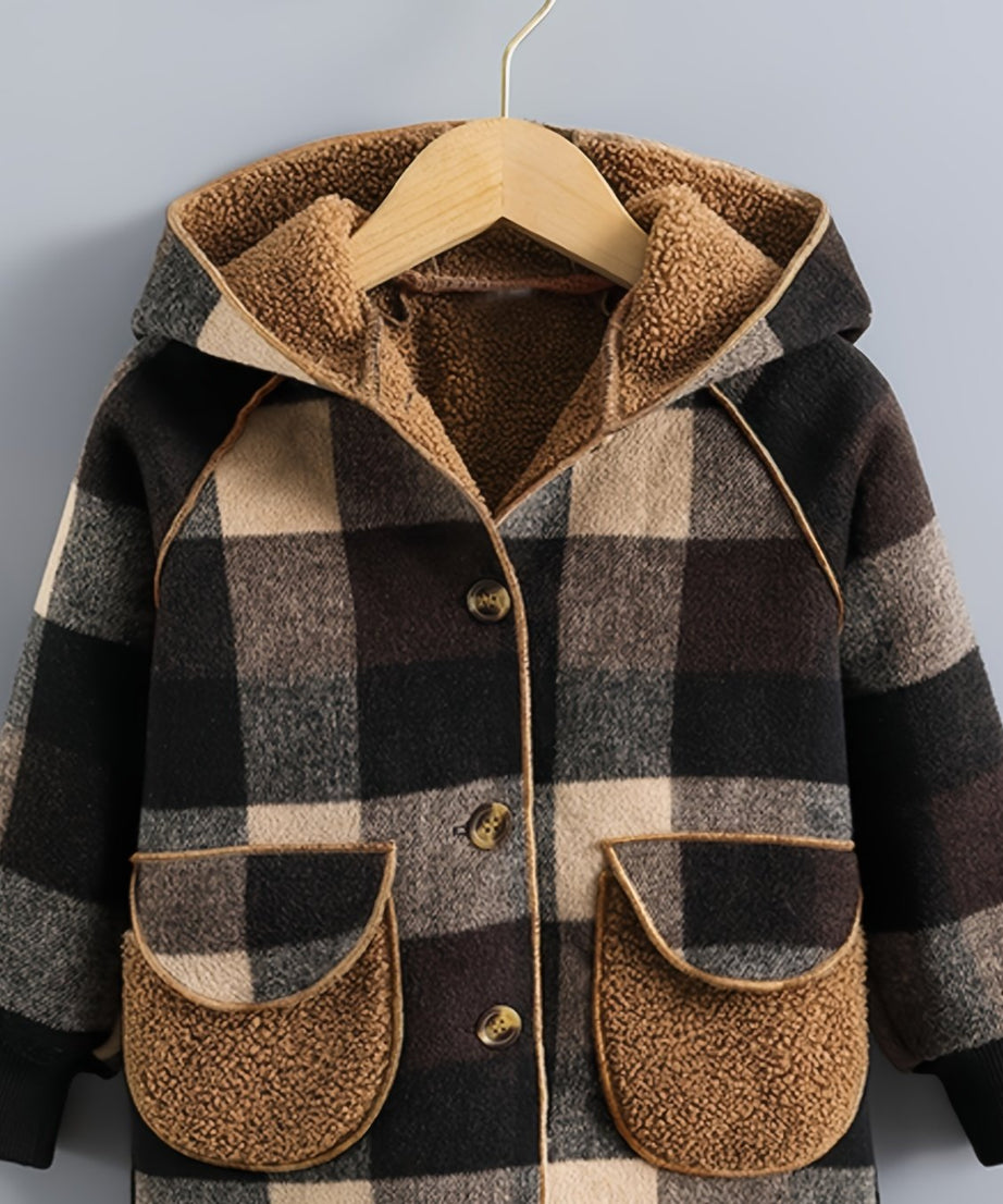 Boys' Long Sleeve Plaid Fleece-Lined Jacket with Button Front & Pockets - Cozy Fall/Winter Warmth, Casual Cardigan Collar, Brown/ Tartan Pattern, Machine Washable For Outdoor Play & Casual Attire, Winter Jacket For Boys, Fall