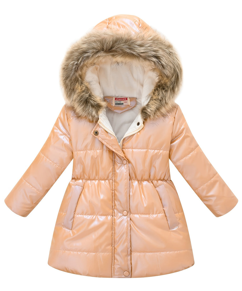 Children's Winter New Style Thickened Glossy Hooded Jacket for Boys and Girls, Mid-Length
