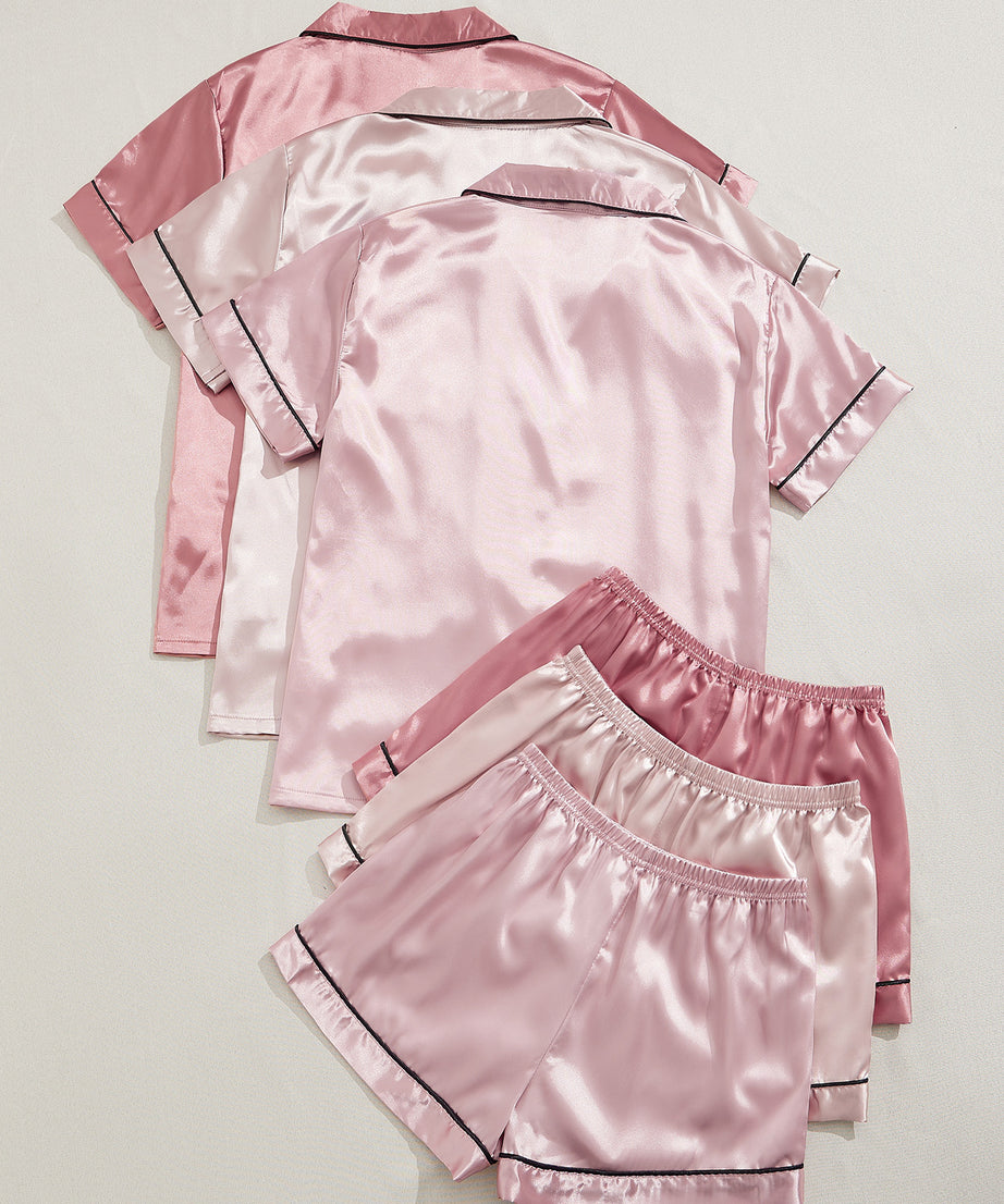 3 Sets Satin Pajama Set, Short Sleeve Lapel Top & Elastic Waistband Shorts, Women's Sleepwear & Loungewear