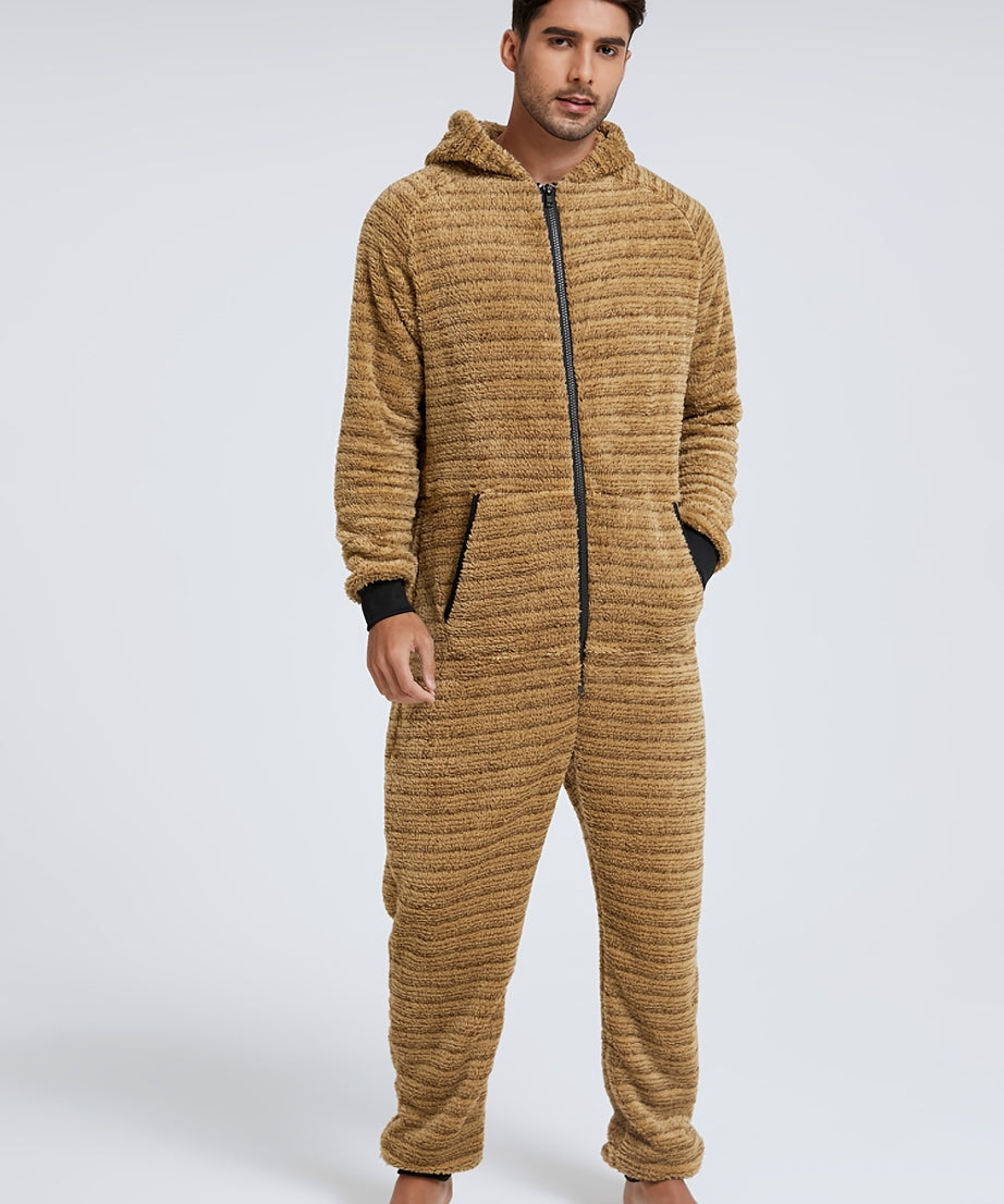 Men'S Heavy-Duty Full-Zip Hooded Onesie - Long Sleeve Winter Sleepwear, Thermal Insulated Lounge suit with Drawstring Hood, Loose Fit Onesie for Cold Weather, Christmas Costume & Everyday Indoor/Outdoor Use - Easy Zipper Clos