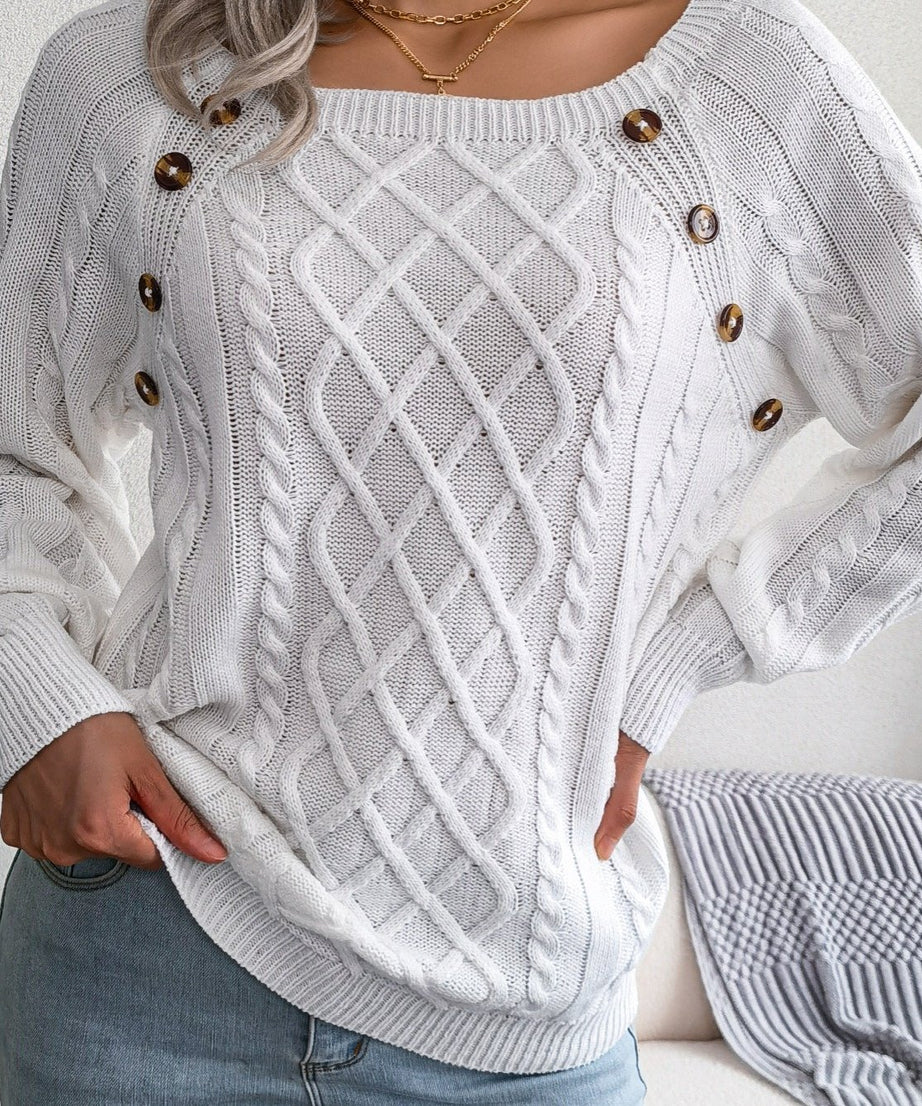 [Texture Lantern Sleeve Sweater] Round Neck Texture Lantern Sleeve Women's Sweater - Button Sweater