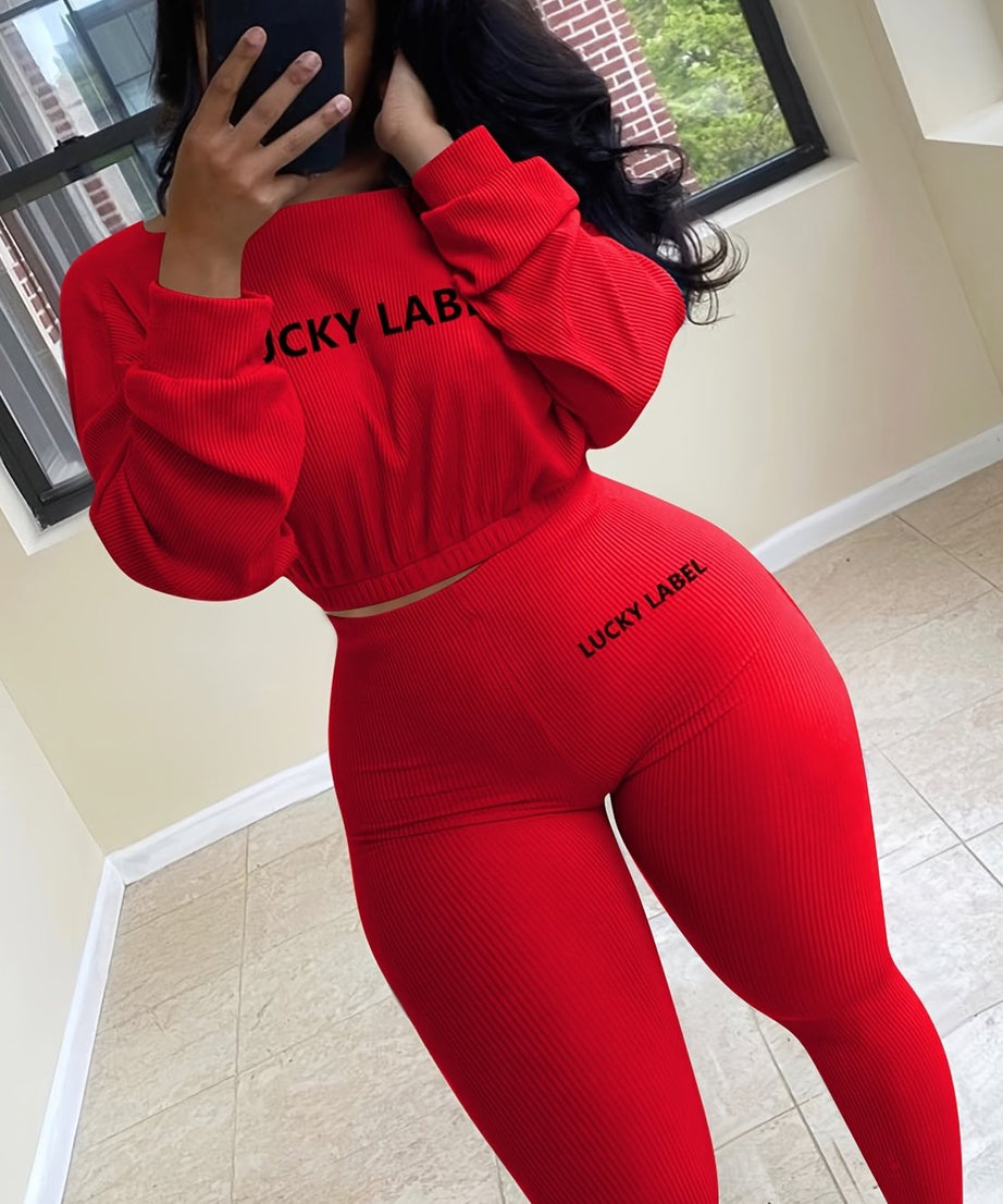 [Women's Sweatshirt Set] Letter Embroidery Women's Two Piece Ribbed s Fall Spring Long Sleeve Sweatshirt and Skinny Pants Set