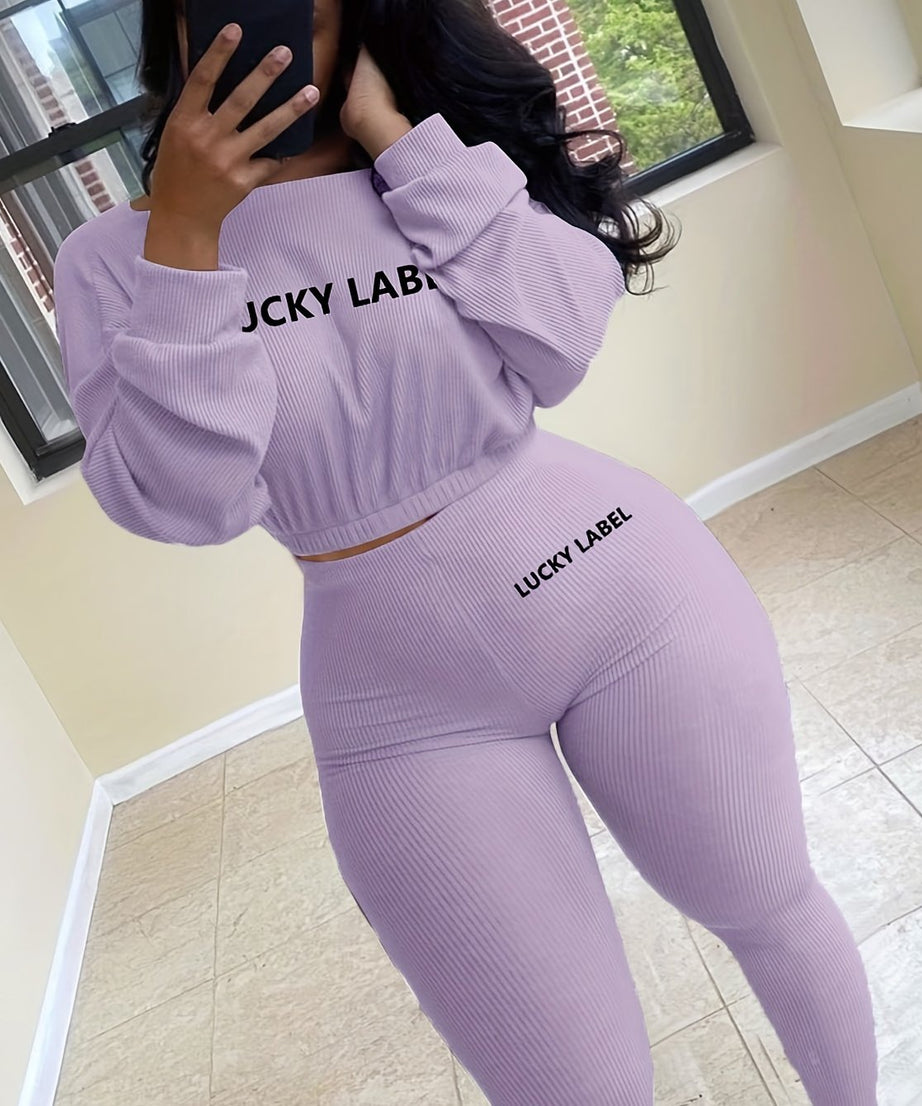 [Women's Sweatshirt Set] Letter Embroidery Women's Two Piece Ribbed s Fall Spring Long Sleeve Sweatshirt and Skinny Pants Set