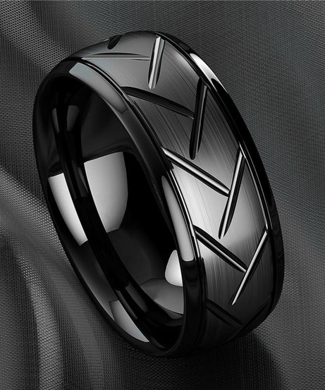 1pc 8MM Luxury High Quality Black Titanium Steel Ring Fashion Simple Men's Black Stainless Steel Wire Groove Tire Ring Artificial Jewelry Lover Gift