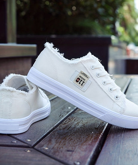 [Casual Canvas Shoes] White Women's Casual Round Toe Solid Color Canvas Shoes | Flat Bottom, PVC Sole, Fabric Upper And Insole, Hand Wash, No Dry Clean, Spring, Autumn, All Season 2022