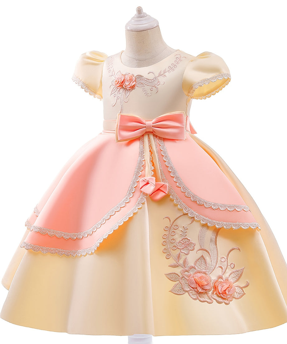 Girls Princess Dress Short Sleeve Embroidered Flower Bow Lace Dress Performance Dress Wedding Flower Girls For Evening Birthday Party Kids Clothes