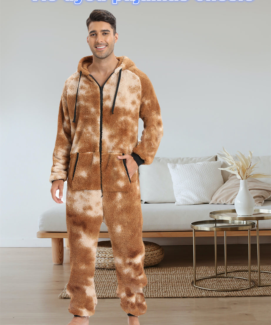 Men'S Heavy-Duty Full-Zip Hooded Onesie - Long Sleeve Winter Sleepwear, Thermal Insulated Lounge suit with Drawstring Hood, Loose Fit Onesie for Cold Weather, Christmas Costume & Everyday Indoor/Outdoor Use - Easy Zipper Clos