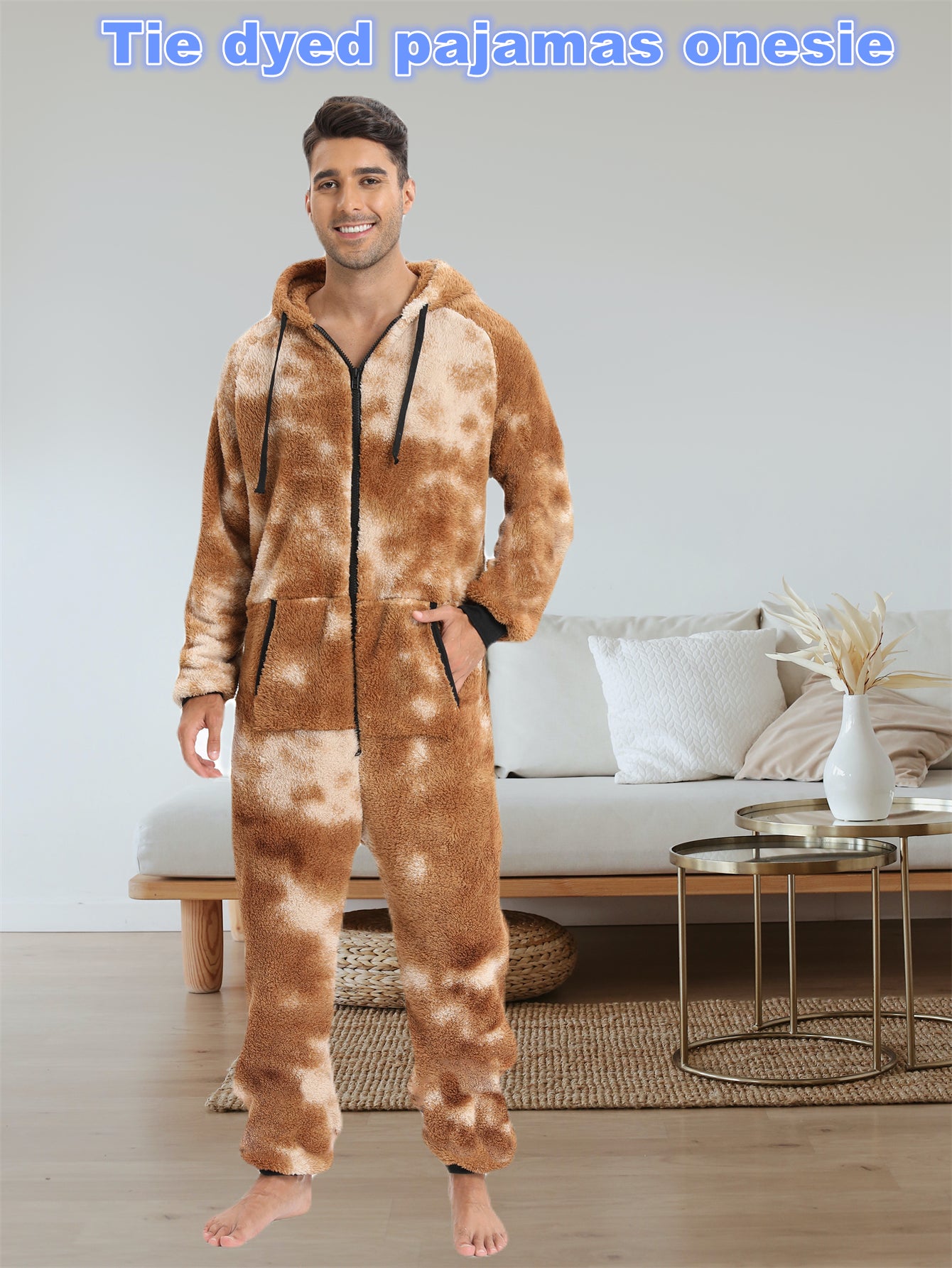 Men'S Heavy-Duty Full-Zip Hooded Onesie - Long Sleeve Winter Sleepwear, Thermal Insulated Lounge suit with Drawstring Hood, Loose Fit Onesie for Cold Weather, Christmas Costume & Everyday Indoor/Outdoor Use - Easy Zipper Clos