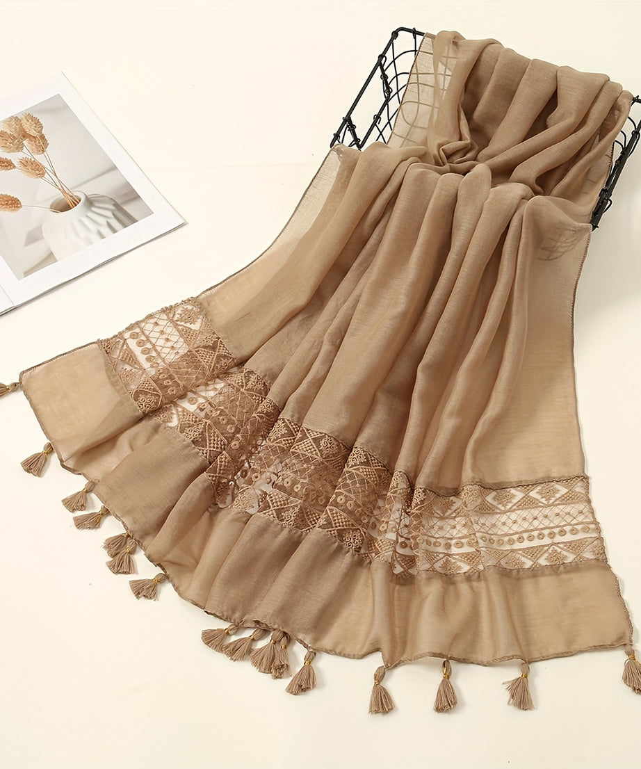 [Elegant Scarf] Elegant Embroidery Hollow Lace Tassel Scarf | Fashion Casual Cold Weather Scarves Wraps For Women for eid