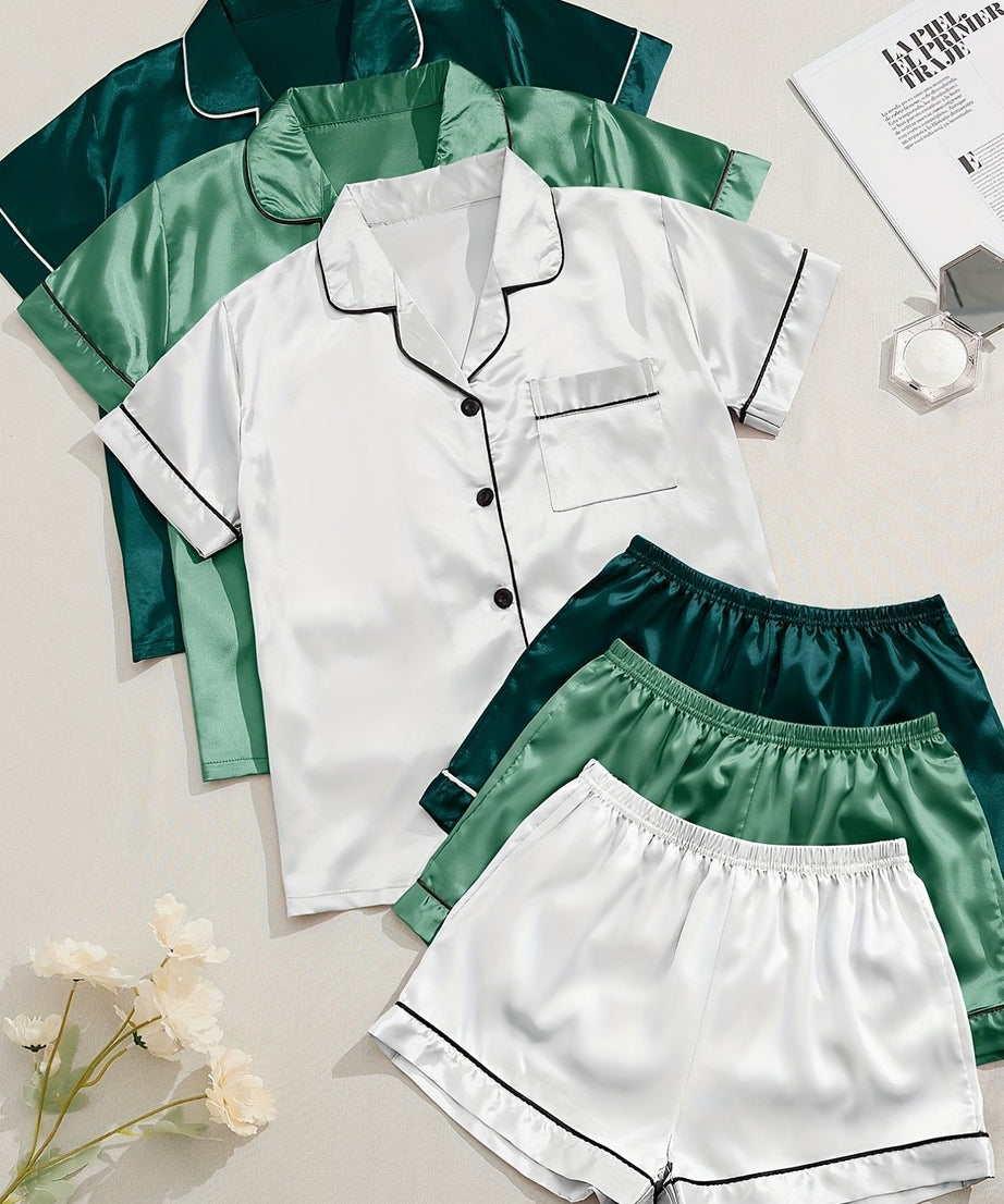 3 Sets Satin Pajama Set, Short Sleeve Lapel Top & Elastic Waistband Shorts, Women's Sleepwear & Loungewear