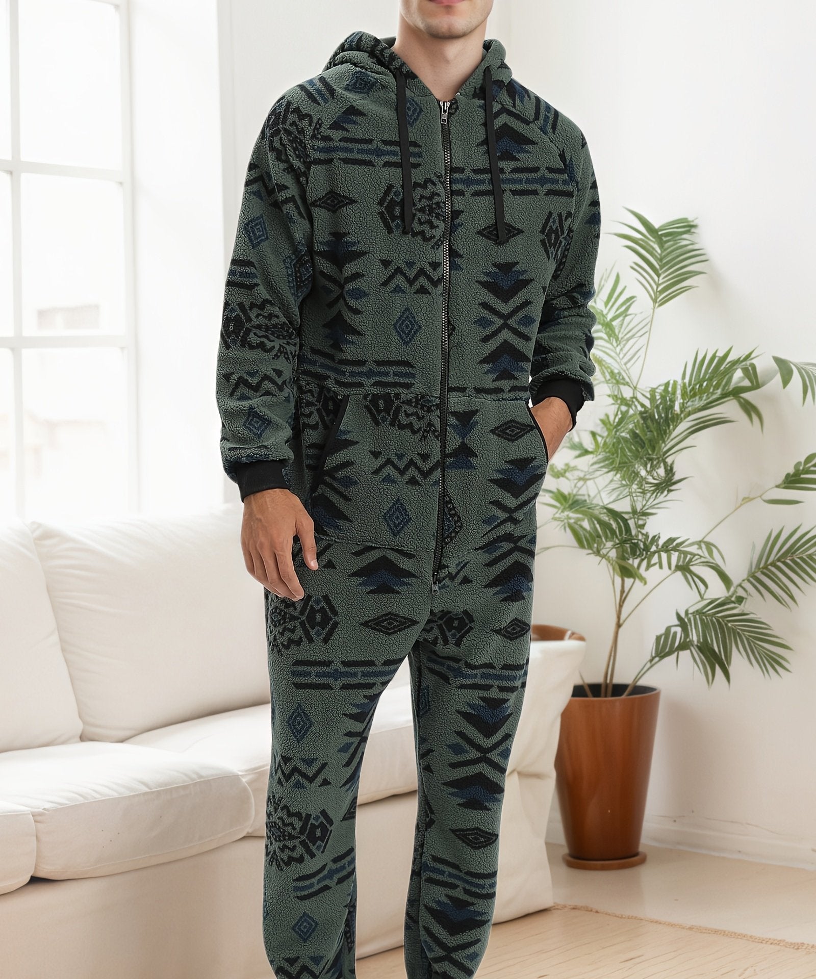 Men'S Heavy-Duty Full-Zip Hooded Onesie - Long Sleeve Winter Sleepwear, Thermal Insulated Lounge suit with Drawstring Hood, Loose Fit Onesie for Cold Weather, Christmas Costume & Everyday Indoor/Outdoor Use - Easy Zipper Clos