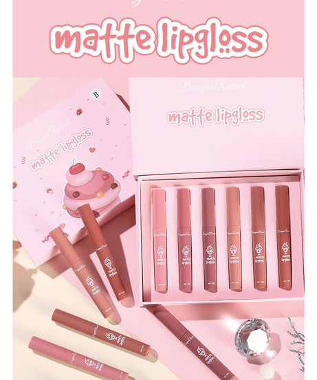 6 Pcs Long Lasting Waterproof Lip Glaze Lipstick 6 Sets Non Stick Cup Nude Skin Color Lip Gloss Cute Set Box