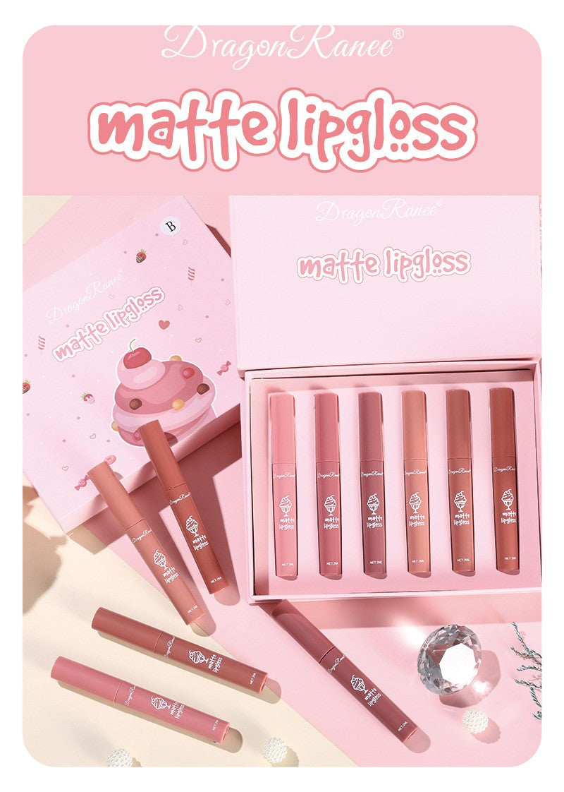 6 Pcs Long Lasting Waterproof Lip Glaze Lipstick 6 Sets Non Stick Cup Nude Skin Color Lip Gloss Cute Set Box