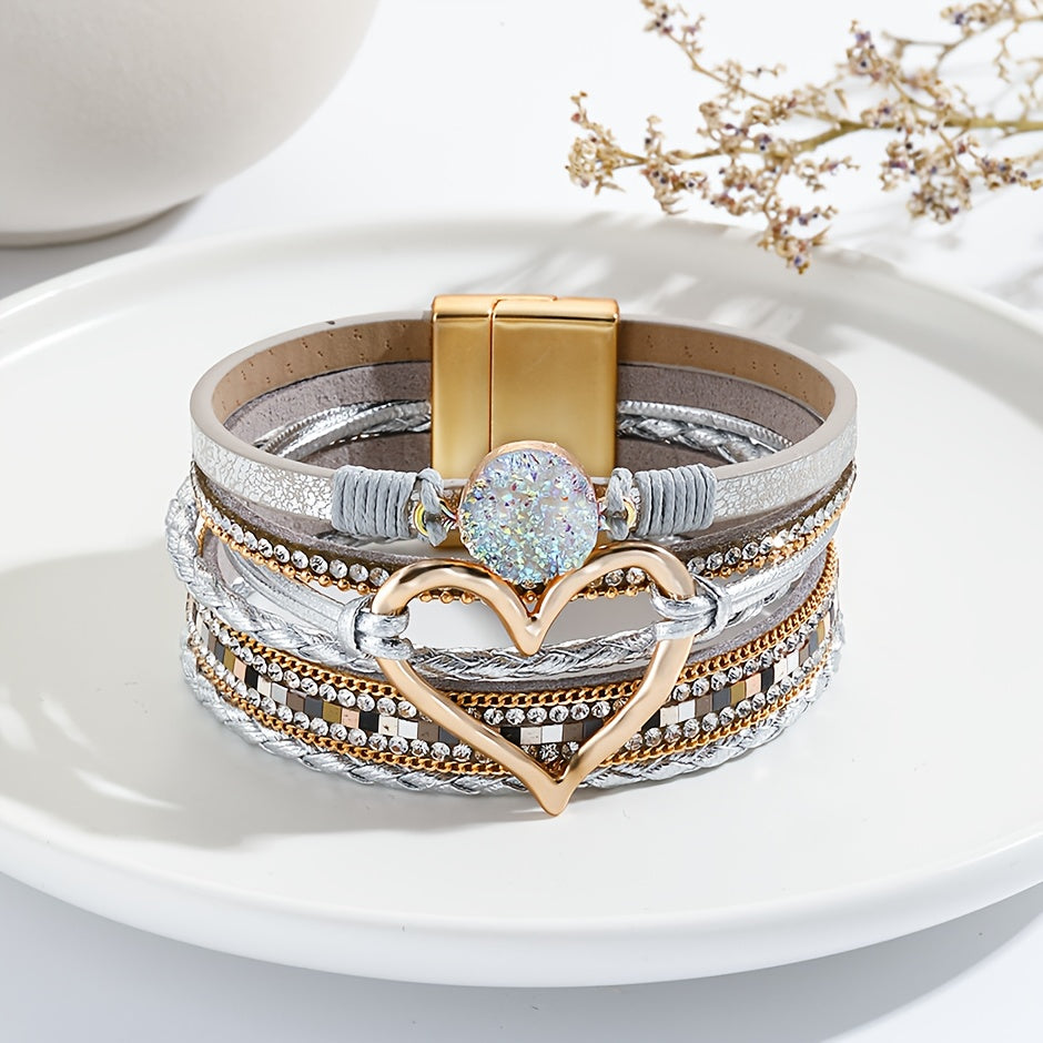 [Boho Chic Heart Bracelet] Boho Chic Multi-Layer PU Leather Magnetic Clasp Bracelet - Black Braided Design & Crystal Accents, Golden-Tone Metal Heart Pendant, Elegant Love Heart