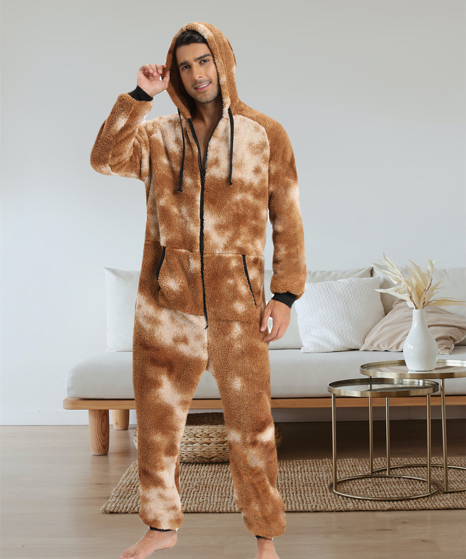 Men'S Heavy-Duty Full-Zip Hooded Onesie - Long Sleeve Winter Sleepwear, Thermal Insulated Lounge suit with Drawstring Hood, Loose Fit Onesie for Cold Weather, Christmas Costume & Everyday Indoor/Outdoor Use - Easy Zipper Clos