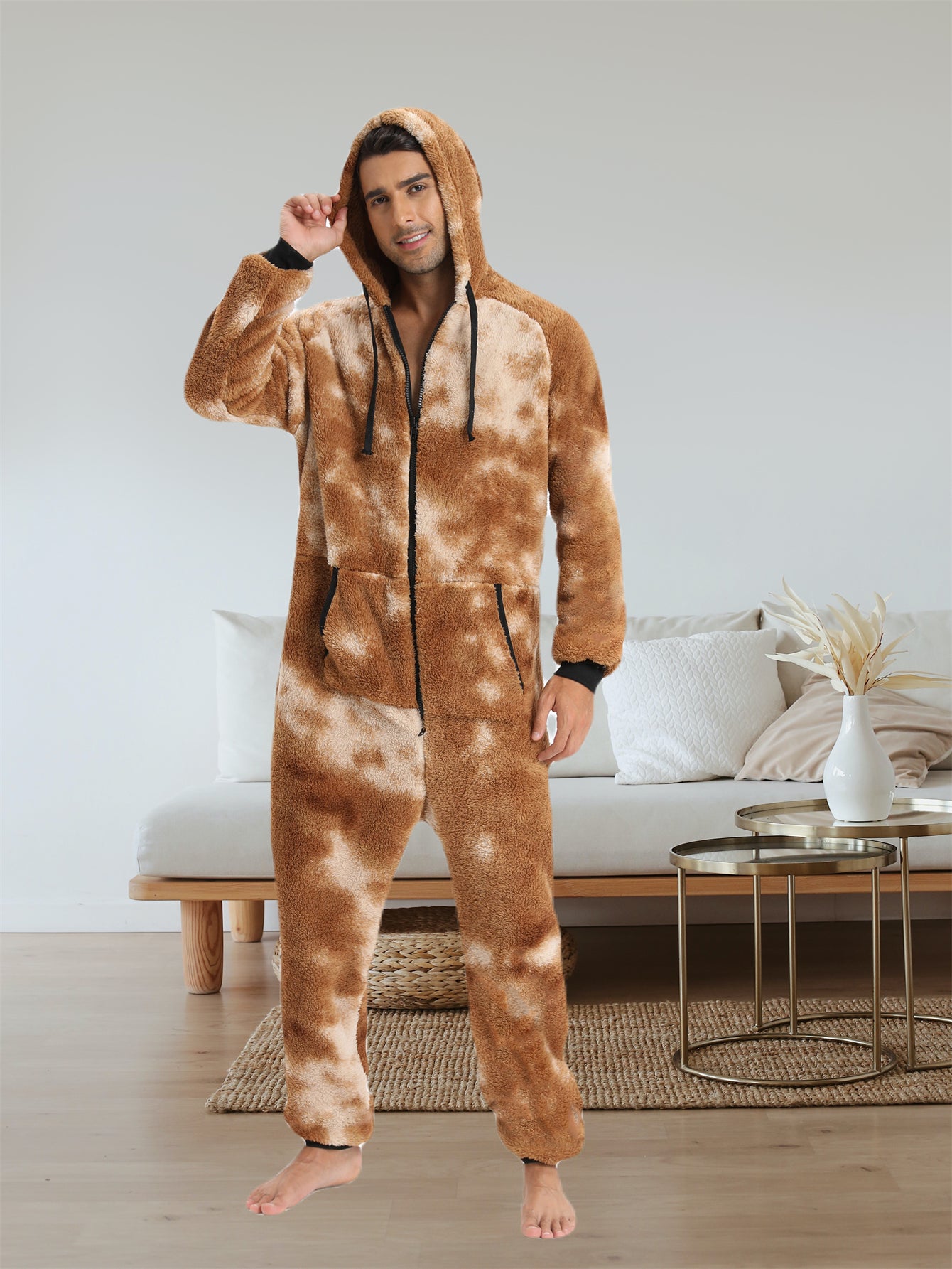 Men'S Heavy-Duty Full-Zip Hooded Onesie - Long Sleeve Winter Sleepwear, Thermal Insulated Lounge suit with Drawstring Hood, Loose Fit Onesie for Cold Weather, Christmas Costume & Everyday Indoor/Outdoor Use - Easy Zipper Clos