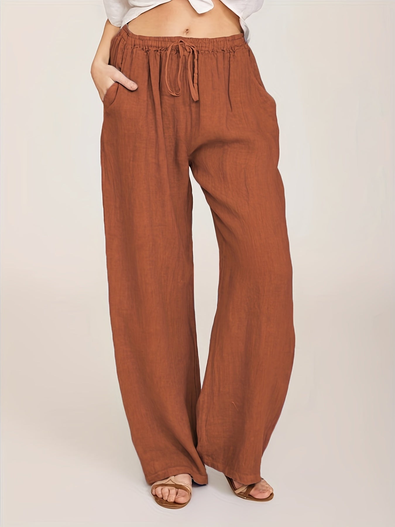 [Casual Pants] Casual Drawstring Wide Leg Pants | Solid Loose Palazzo Pants, Women's Clothing